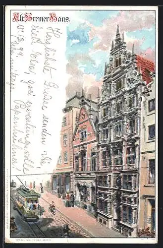 Lithographie Bremen, Alt Bremer Haus mit Strassenbahn