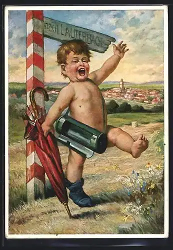 AK Lauterbach / Hessen, nackter Junge mit nur einem Strumpf und Regenschirm