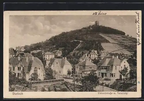 AK Durlach, Uhlandstrasse mit Turmberg