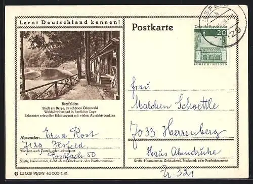 AK Beerfelden, Waldschwimmbad, Ganzsache Lernt Deutschland kennen