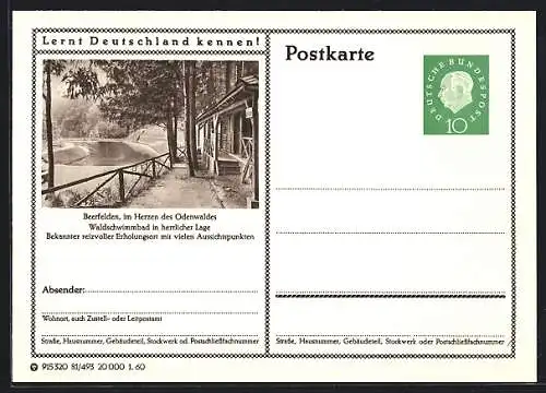 AK Beerfelden, Waldschwimmbad, Ganzsache Lernt Deutschland kennen