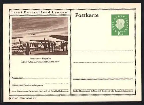 AK Hannover, Ausstellung Deutsche Luftfahrtschau 1959, Besucher auf dem Flughafen, Ganzsache Lernt Deutschland kennen