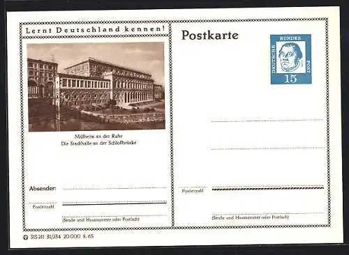 AK Mühlheim, Die Stadthalle an der Schlossbrücke, Ganzsache Lernt Deutschland kennen