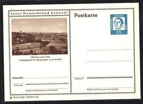 AK Mülheim an der Ruhr, Panorama, Ganzsache Lernt Deutschland kennen