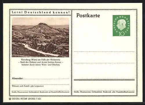 AK Weinsberg /Württ., Blick auf den Ort am Fusse der Weibertreu, Ganzsache Lernt Deutschland kennen