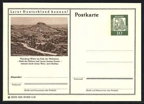 AK Weinsberg /Württ., Blick auf den Ort am Fusse der Weibertreu, Ganzsache Lernt Deutschland kennen