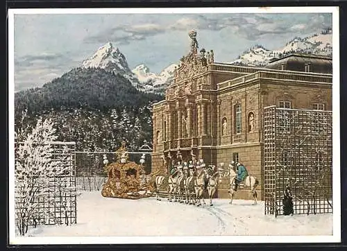 Künstler-AK Schloss Herrenchiemsee, König Ludwig II.-Museum, Abfahrt des Königs Ludwig II., Ganzsache ungültig
