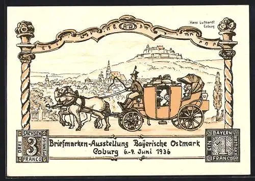 Künstler-AK Coburg, Briefmarken-Ausstellung Bayerische Ostmark 1936, Postkutsche, Ganzsache