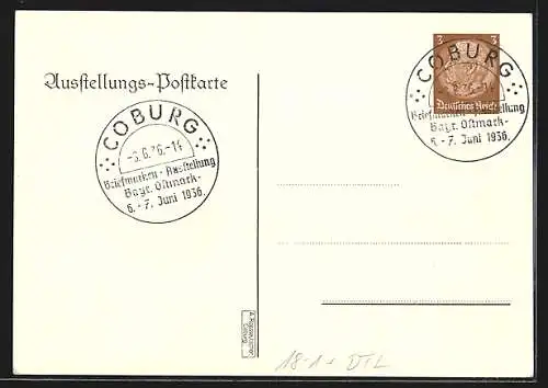 Künstler-AK Coburg, Briefmarken-Ausstellung Bayerische Ostmark 1936, Postkutsche, Ganzsache