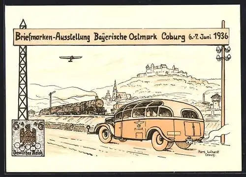 Künstler-AK Coburg, Briefmarken-Ausstellung Bayerische Ostmark 1936, Bus und Eisenbahn, Ganzsache