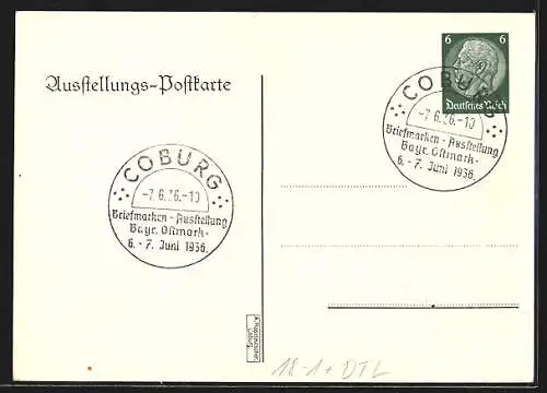 Künstler-AK Coburg, Briefmarken-Ausstellung Bayerische Ostmark 1936, Bus und Eisenbahn, Ganzsache