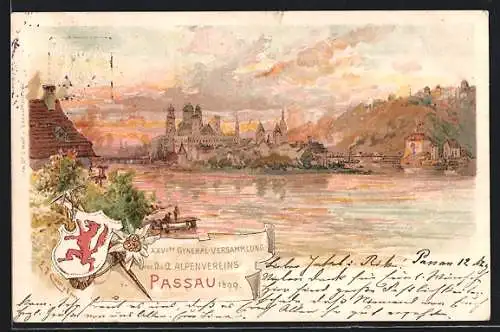 Lithographie Passau, 26. General-Versammlung des Alpenvereins 1899, Panorama, Ganzsache Bayern