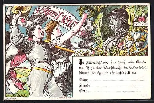 Künstler-AK Zum 80. Geburtstag des Fürsten Bismarck, Ganzsache 3 Pfennig