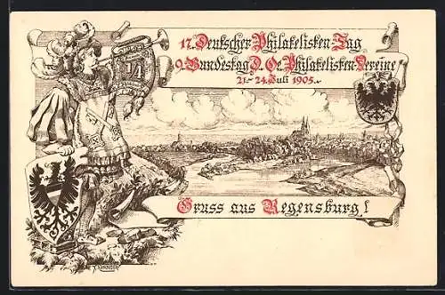 Lithographie Regensburg, 17. Deutscher Philatelisten Tag 1905, Trompeter, Ganzsache Bayern