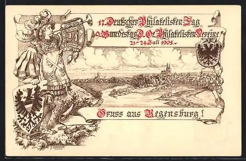 Lithographie Regensburg, 17. Deutscher Philatelisten Tag 1905, Trompeter, Ganzsache Bayern 3 Pfennig