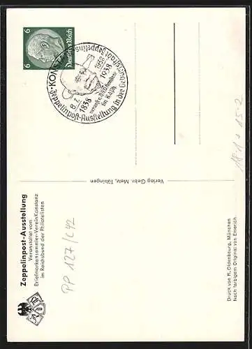 AK Konstanz, Zeppelinpost-Ausstellung 1938, Graf Zeppelin in Gala-Uniform zu seinem 100. Geburtstag, Ganzsache