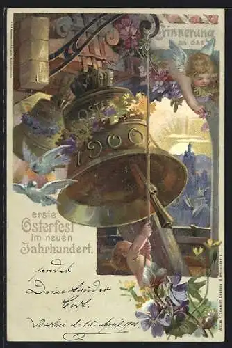 Lithographie Das Erste Osterfest im neuen Jahrhundert 1900, Osterengel, Ganzsache