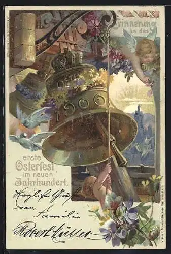 Lithographie Das Erste Osterfest im neuen Jahrhundert 1900, Osterengel, Ganzsache