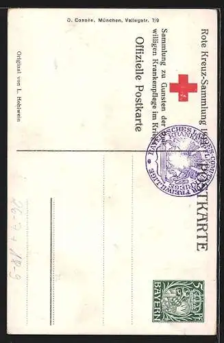 Künstler-AK Ludwig Hohlwein: Rotes Kreuz-Sammlung 1914, verletzter Soldat mit Armbinde, Ganzsache Bayern