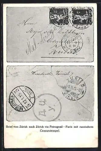 AK Zürich, Briefmarken-Ausstellung 1915, Brief mit russischem Censurstempel, Ganzsache