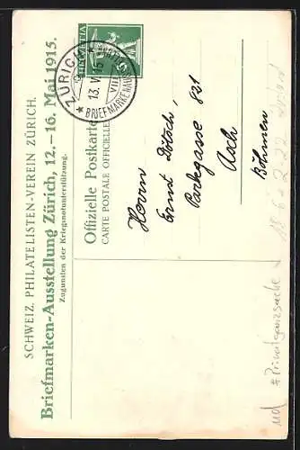 AK Zürich, Briefmarken-Ausstellung 1915, Brief mit russischem Censurstempel, Ganzsache