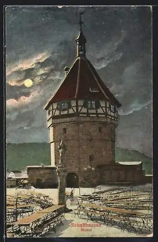 AK Zürich, Schaffhausen, Munot mit Gartenwirtschaft bei Mondschein