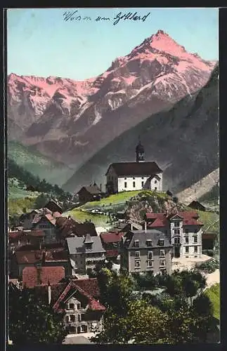 AK Wassen, Ortsansicht und die Windgälle, Gotthardbahn