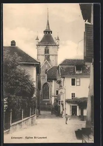 AK Estavayer, Tour de l`Eglise et Rue de la Prefecture