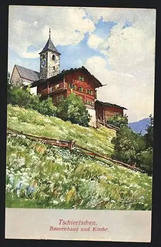 Künstler-AK Tschiertschen, Bauernhaus und Kirche