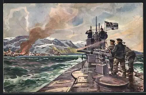 Künstler-AK Stoewer: Deutsches U-Boot im Eismeer, Beschiessung von Alexandrowsk, Reichskriegsfahne