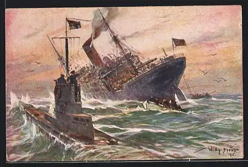 Künstler-AK Stoewer: Vernichtung eines engl. Handelsdampfers durch ein dt. Unterseeboot