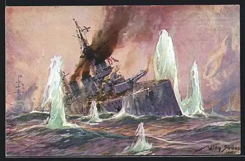 Künstler-AK Stoewer: Seegefecht in der Nordsee 1915, engl. Schlachtkreuzer im Salvenfeuer deutscher Kreuzer