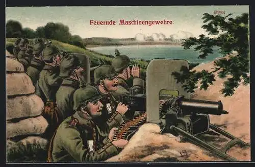 Künstler-AK Bruno Bürger & Ottillie Nr. 8761: Feuernde Maschinengewehre, Sodldaten im Schützengraben