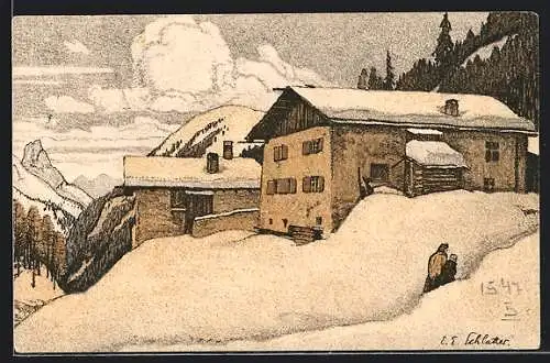 Künstler-AK Ernst E. Schlatter: Bauernhaus in den Alpen im Winter