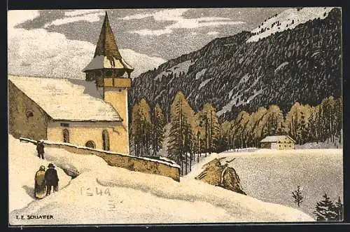 Künstler-AK Ernst E.Schlatter: Bergkirche im Winter