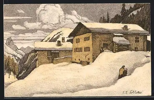 Künstler-AK Ernst E. Schlatter: Bauernhaus in den Alpen im Winter