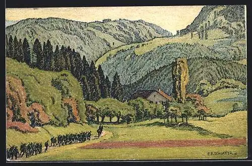 Künstler-AK Ernst E. Schlatter: Valle Du Jura De Fontenais, Soldaten marschieren durch die Landschaft