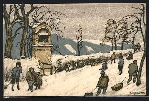 Künstler-AK Ernst E. Schlatter: Rodler am Denkmal im Winter