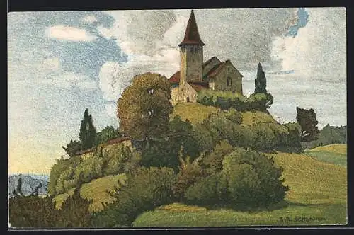 Künstler-AK Ernst E.Schlatter: Büsingen, Alte Kirche auf Hügel