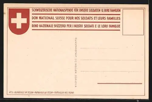 Künstler-AK Ernst E. Schlatter: Schweiz. Nationalspende für unsere Soldaten u. ihre Familien, Patrouille im Tessin