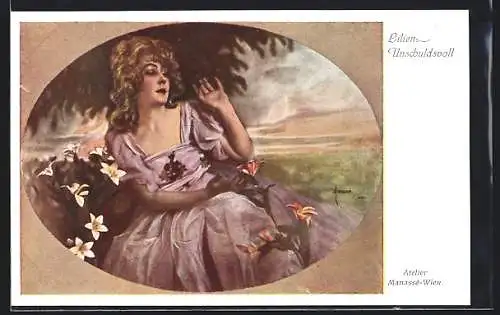 Künstler-AK Manasse: Lilien, Unschuldsvoll, ein Mädchen im lila Kleid