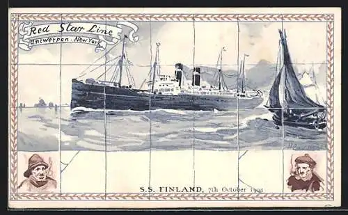 Künstler-AK Henri Cassiers: Passagierdampfer der Red Star Line, Segelboot, Fischer