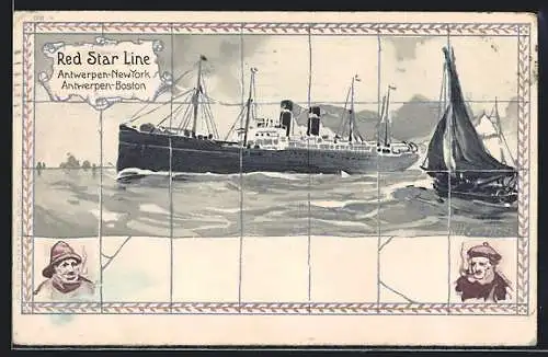 Künstler-AK Henri Cassiers: Red Star Line, Antwerpen-New York, Fliesen mit Dampfermotiv