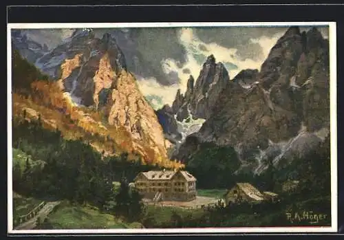 Künstler-AK Rudolf Alfred Höger: Hotel Dolomiti nella Val di Fiscalina