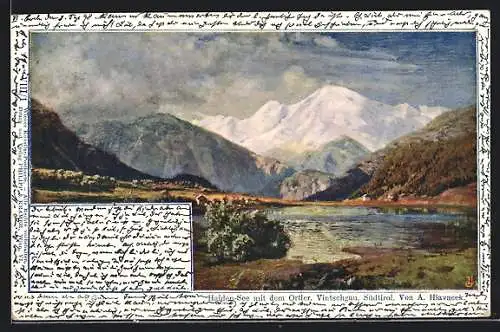 Künstler-AK Anton Hlavacek: Haiden-See mit dem Ortler, Vintschgau, Südtirol