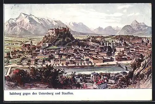 Künstler-AK Franz Kulstrunk: Salzburg, Stadtansicht gegen Untersberg und Stauffen