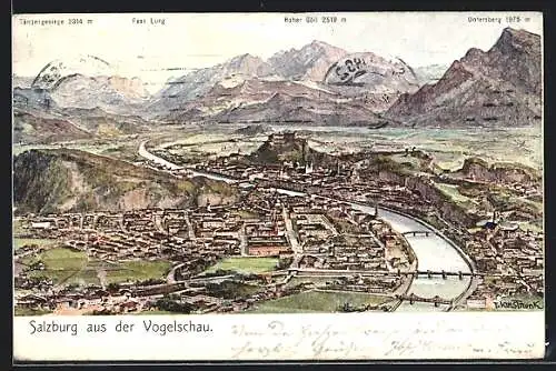 Künstler-AK Franz Kulstrunk: Salzburg, Ortsansicht mit Fluss und Untersberg