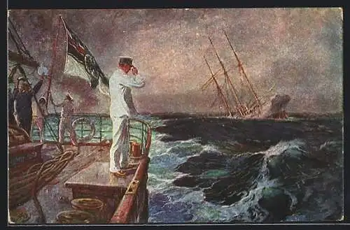 Künstler-AK Hans Bohrdt: Der letzte Gruss, Abschied der Emden-Mannschaft, SMS Kriegsschiff Ayesha 1914