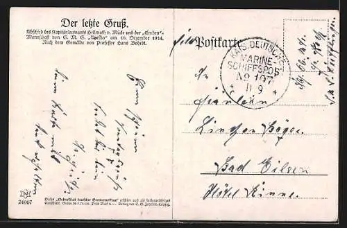 Künstler-AK Hans Bohrdt: Der letzte Gruss, Abschied der Emden-Mannschaft, SMS Kriegsschiff Ayesha 1914