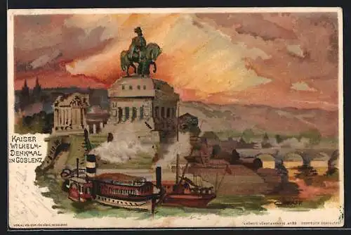 Künstler-Lithographie C. Pfaff: Coblenz, Kaiser Wilhelm-Denkmal